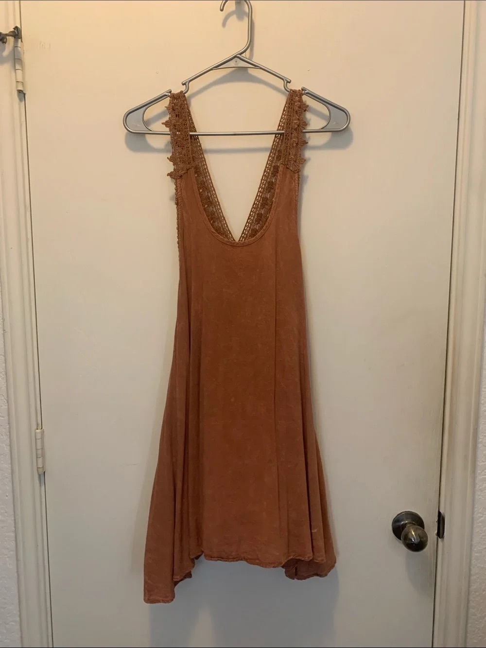 Crochet-Trim Asymmetrical Rust Brown Summer Dress